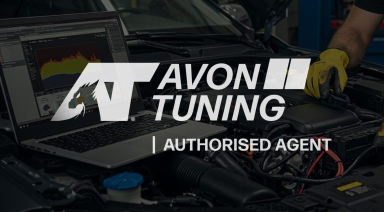 Image shows the Avon Tuning logo on a dark background which is a smokescreen over an image of a man performing ECU remapping on a car. The bonnet is up and the laptop is resting on the internal parts of the car's engine bay.